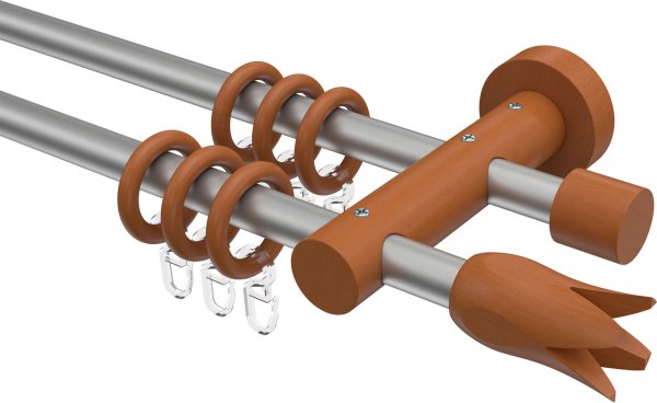Gardinenstange Metall / Holz 16 mm Ø 2-läufig ADRIAN - Flower Silbergrau / Kirschbaum lackiert 100 cm