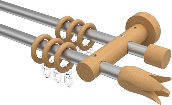 Gardinenstange Metall / Holz 16 mm Ø 2-läufig ADRIAN - Flower Silbergrau / Buche lackiert 100 cm