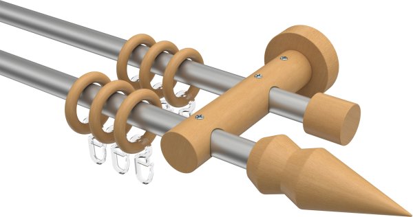 Gardinenstange Metall / Holz 16 mm Ø 2-läufig ADRIAN - Doman Silbergrau / Buche lackiert 100 cm