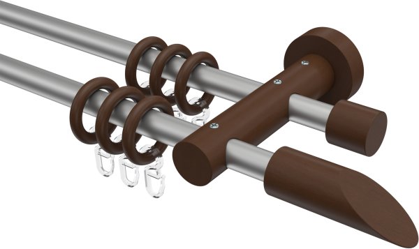 Gardinenstange Metall / Holz 16 mm Ø 2-läufig ADRIAN - Franca Silbergrau / Nussbaum lackiert 100 cm