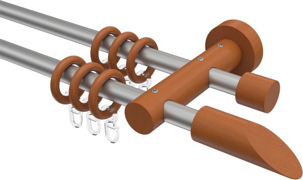Gardinenstange Metall / Holz 16 mm Ø 2-läufig ADRIAN - Franca Silbergrau / Kirschbaum lackiert 100 cm