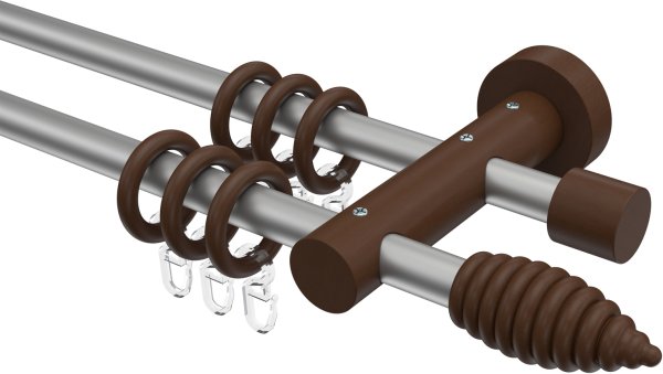 Gardinenstange Metall / Holz 16 mm Ø 2-läufig ADRIAN - Asta Silbergrau / Nussbaum lackiert 100 cm