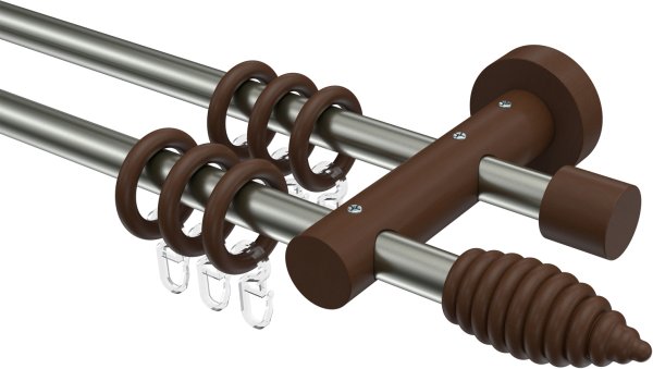 Gardinenstange Edelstahl / Holz Nussbaum lackiert 16 mm Ø 2-läufig ADRIAN - Asta 100 cm