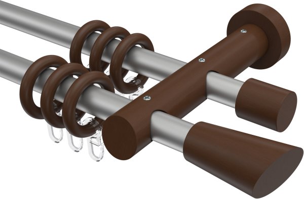 Gardinenstange Metall / Holz 20 mm Ø 2-läufig TALENA - Bero Silbergrau / Nussbaum lackiert 100 cm