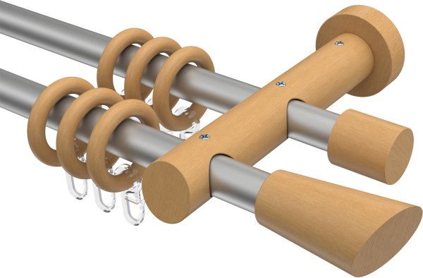 Gardinenstange Metall / Holz 20 mm Ø 2-läufig TALENA - Bero Silbergrau / Buche lackiert 100 cm