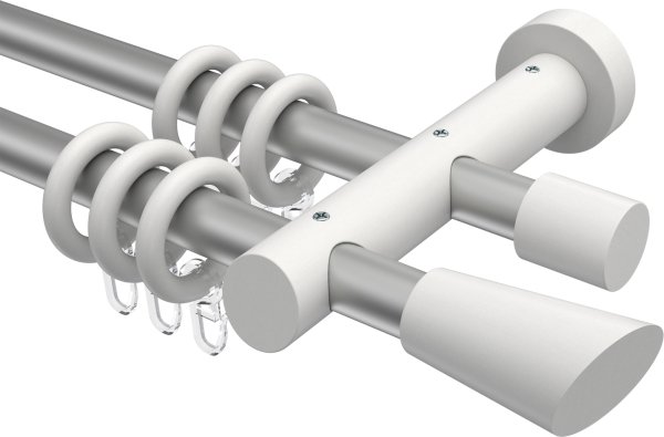 Gardinenstange Metall / Holz 20 mm Ø 2-läufig TALENA - Bero Silbergrau / Weiß lackiert 100 cm