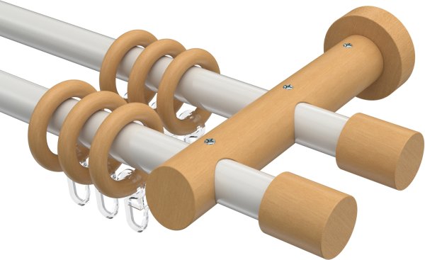 Gardinenstange Metall / Holz 20 mm Ø 2-läufig TALENA - Feta Weiß / Buche lackiert 100 cm