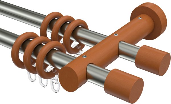 Gardinenstange Metall / Holz 20 mm Ø 2-läufig TALENA - Feta Edelstahl-Optik / Kirschbaum lackiert 100 cm