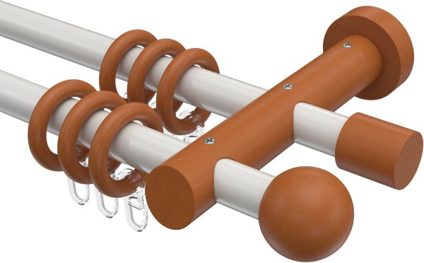 Gardinenstange Metall / Holz 20 mm Ø 2-läufig TALENA - Luina Weiß / Kirschbaum lackiert 100 cm
