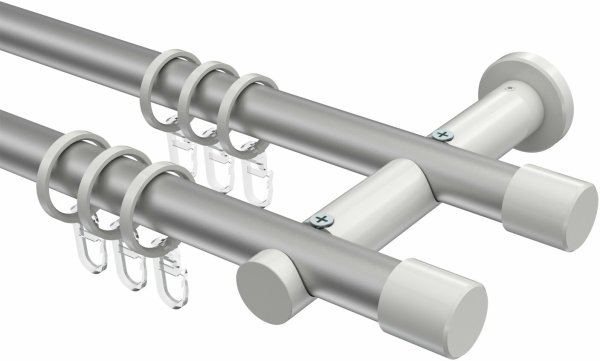 Gardinenstange Metall 20 mm Ø 2-läufig PLATON - Santo Silbergrau / Weiß 100 cm