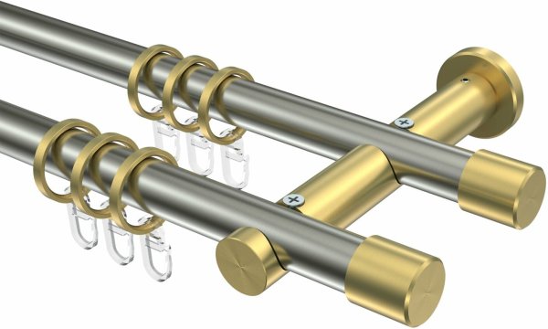 Gardinenstange Edelstahl-Optik / Messing-Optik 20 mm Ø 2-läufig PLATON - Santo 100 cm