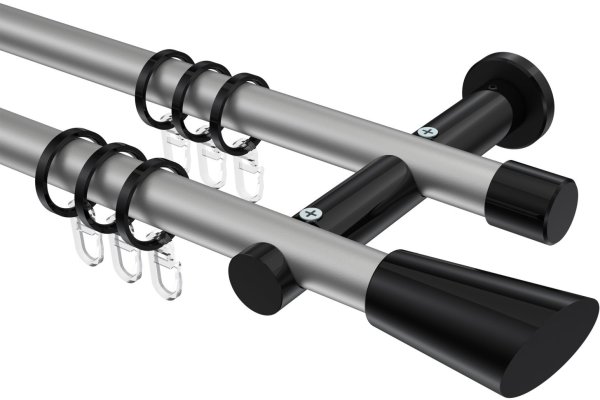 Gardinenstange Metall 20 mm Ø 2-läufig PLATON - Bento Silbergrau / Schwarz 100 cm
