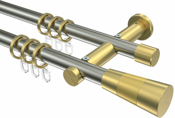 Gardinenstange Edelstahl-Optik / Messing-Optik 20 mm Ø 2-läufig PLATON - Tanara 100 cm