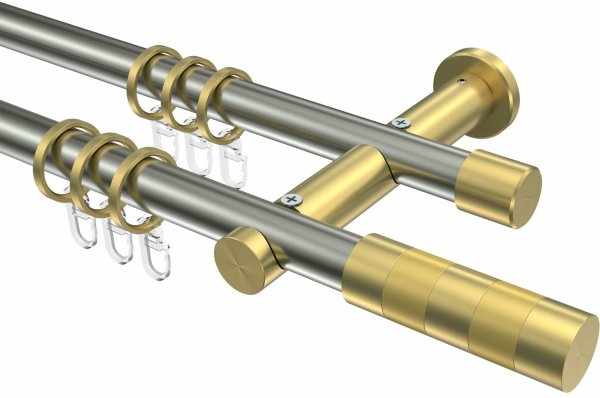 Gardinenstange Edelstahl-Optik / Messing-Optik 20 mm Ø 2-läufig PLATON - Mavell 100 cm