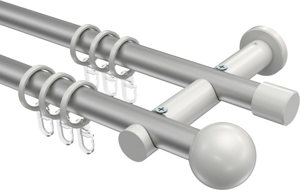 Gardinenstange Metall 20 mm Ø 2-läufig PLATON - Luino Silbergrau / Weiß 100 cm