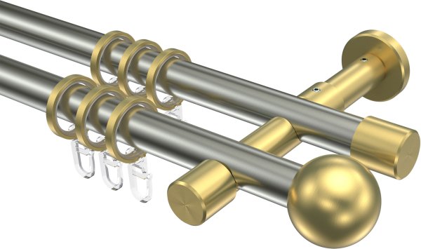 Gardinenstange Edelstahl-Optik / Messing-Optik 20 mm Ø 2-läufig PRESTIGE - Luino 100 cm