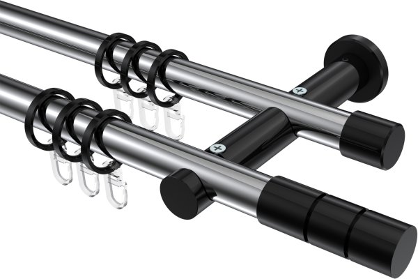 Gardinenstange Metall 20 mm Ø 2-läufig PLATON - Elanto Chrom / Schwarz 100 cm