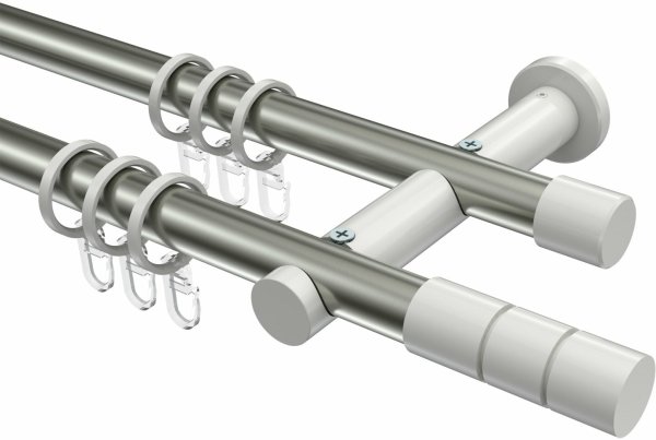 Gardinenstange Metall 20 mm Ø 2-läufig PLATON - Elanto Edelstahl-Optik / Weiß 100 cm