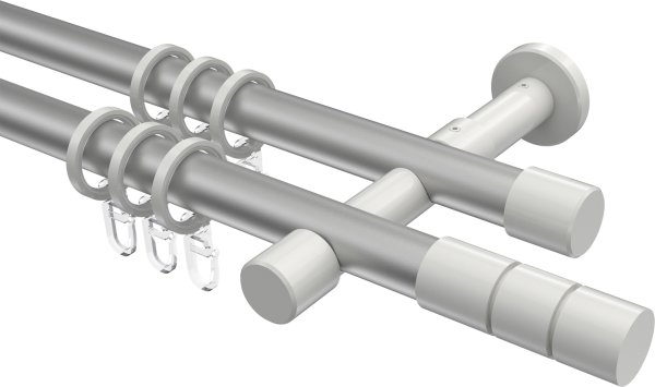 Gardinenstange Metall 20 mm Ø 2-läufig PRESTIGE - Elanto Silbergrau / Weiß 100 cm