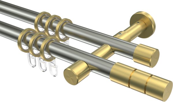 Gardinenstange Edelstahl-Optik / Messing-Optik 20 mm Ø 2-läufig PRESTIGE - Elanto 100 cm