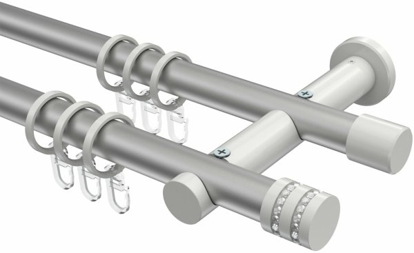 Gardinenstange Metall 20 mm Ø 2-läufig PLATON - Estana Silbergrau / Weiß 100 cm