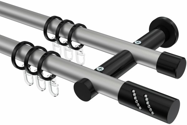 Gardinenstange Metall 20 mm Ø 2-läufig PLATON - Zoena Silbergrau / Schwarz 100 cm