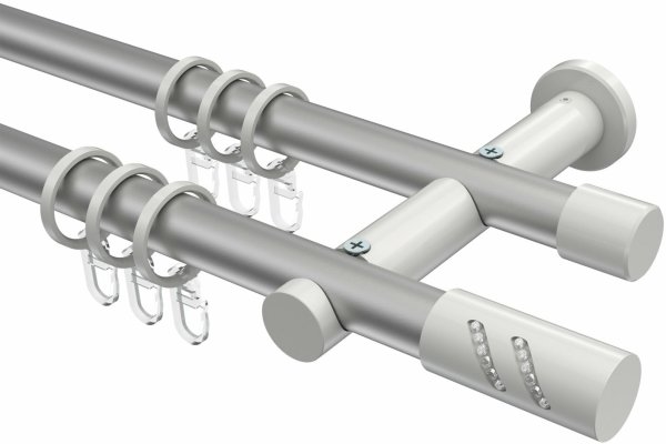 Gardinenstange Metall 20 mm Ø 2-läufig PLATON - Zoena Silbergrau / Weiß 100 cm