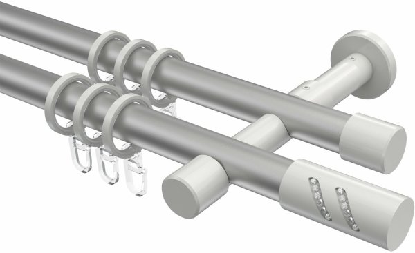 Gardinenstange Metall 20 mm Ø 2-läufig PRESTIGE - Zoena Silbergrau / Weiß 100 cm