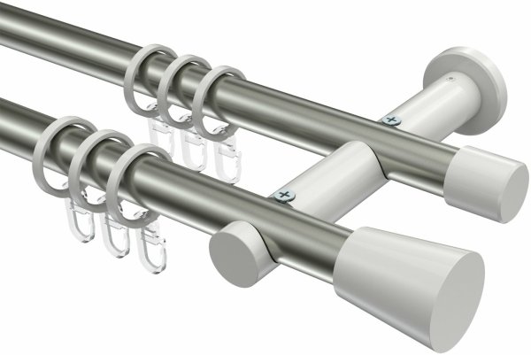 Gardinenstange Metall 20 mm Ø 2-läufig PLATON - Sitra Edelstahl-Optik / Weiß 100 cm