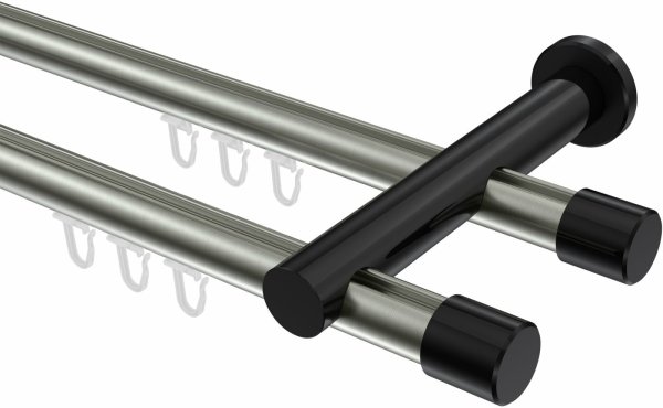 Innenlauf Gardinenstange Aluminium / Metall 20 mm Ø 2-läufig PLATON - Santo Edelstahl-Optik / Schwarz 100 cm