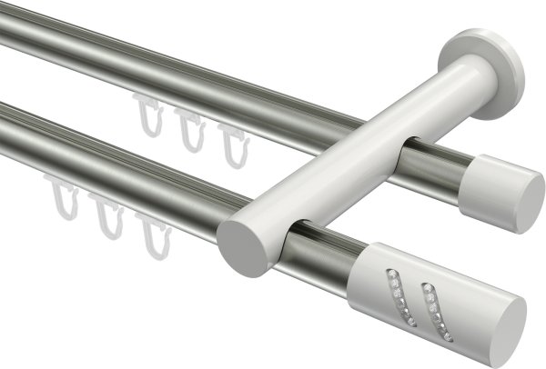 Innenlauf Gardinenstange Aluminium / Metall 20 mm Ø 2-läufig PLATON - Zoena Edelstahl-Optik / Weiß 100 cm